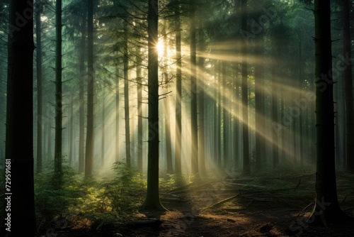 the sunlight shining at over a forest © Alexei