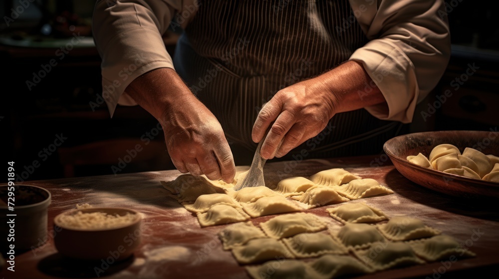 Close-up of hands shaping ravioli from dough, showing the skill and craftsmanship of traditional homemade ravioli making.