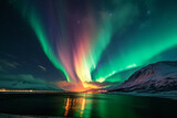 Northern lights in night sky over snowy mountains, Aurora Borealis over sea landscape, Beautiful Polar lights