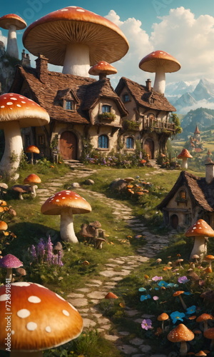 A charming mushroom house with a wooden door, located on a lush hillside, surrounded by smaller mushrooms, in the warm rays of the rising sun. A fabulous illustration.