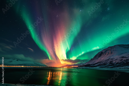 Northern lights in night sky over snowy mountains, Aurora Borealis over sea landscape, Beautiful Polar lights