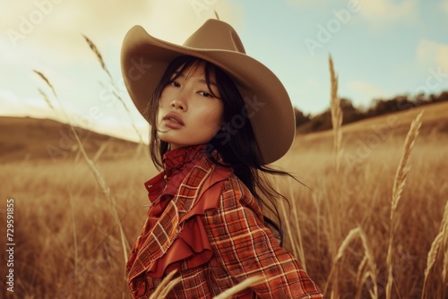 Portrait of a beautiful asian woman wearing cowboy hat and checkered shirt in wheat field photo