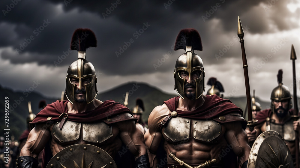 Spartan warriors in ornate armor and helmet Spartan warriors in ornate armor and helmet