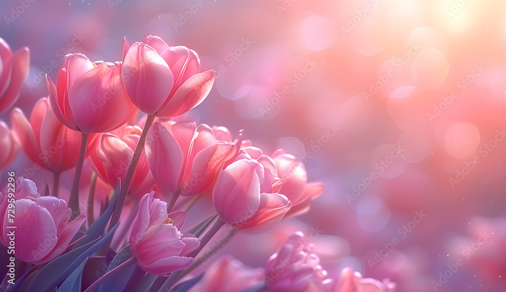 Beautiful pink tulips with copy space, ideal for spring-themed designs and celebrations.