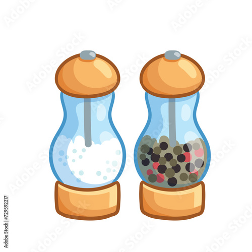 Cartoon salt pepper shakers. Glass container with wooden elements containing seasoning in cartoon style.