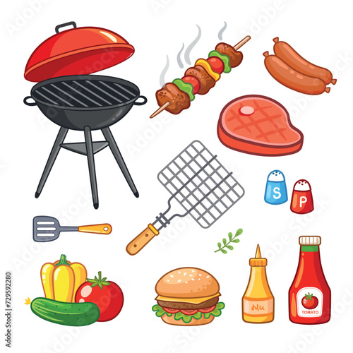 Cartoon bbq elements. BBQ party set with barbecue tools, burning grill, picnic food, roasted beef steak, hamburger, kebab, sausage, vegetable.