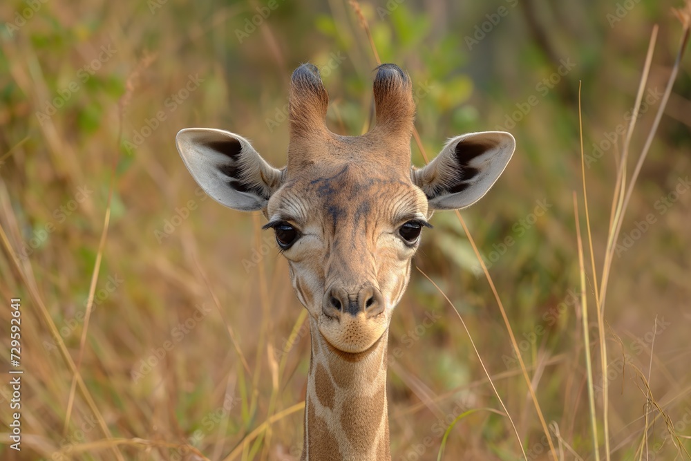 Fototapeta premium A detailed photo capturing a giraffe up close, standing in a field of tall grass.
