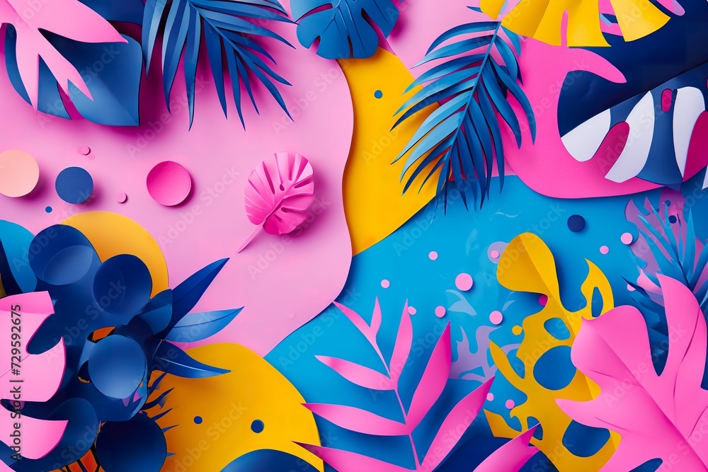 A photo showcasing a colorful background of pink and blue tones, adorned with lush tropical leaves.