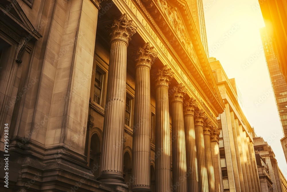 An image showcasing an aged building with prominent columns in Wall street.