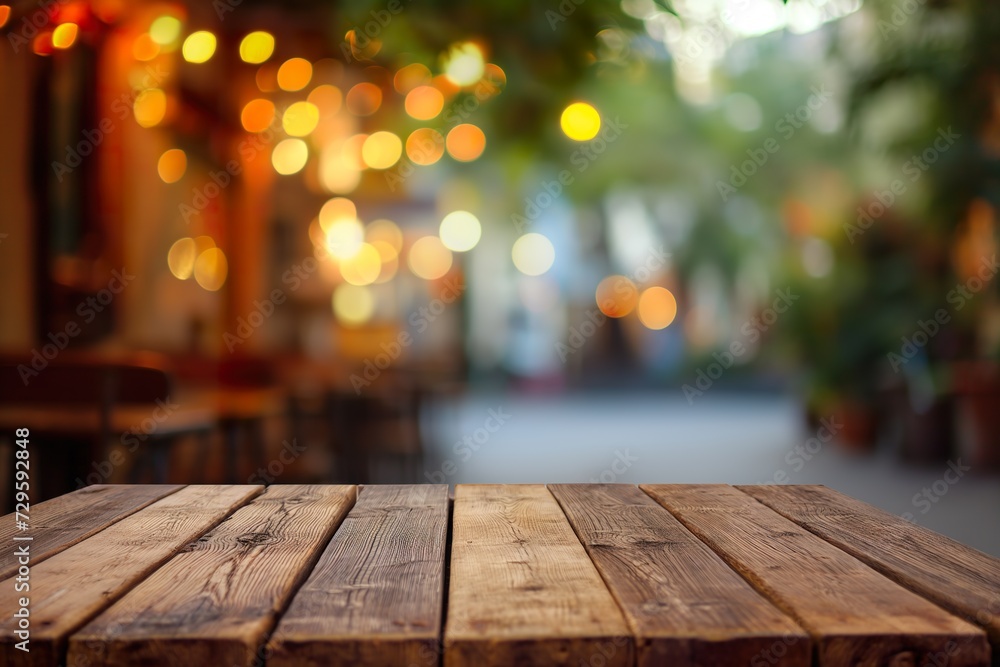 A small wooden terrace table in a small street bar, at dusk, empty with nothing, a mockup to put something on. A small wooden terrace table in a small street bar, at dusk, empty with nothing, a mockup to put something on.