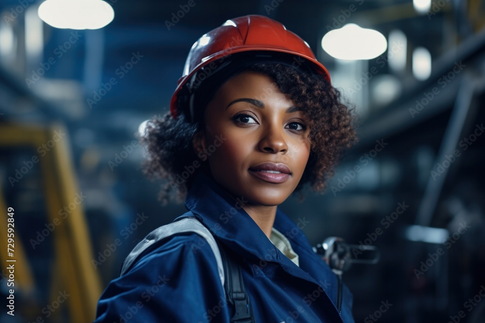 A focused african american female worker with a red safety helmet and navy blue overalls stands in a manufacturing plant, her gaze reflecting determination and expertise A focused african american female worker with a red safety helmet and navy blue overalls stands in a manufacturing plant, her gaze reflecting determination and expertise