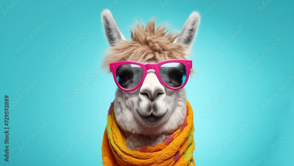 Fototapeta premium A quirky and stylish llama wearing vibrant pink sunglasses and a colorful scarf against a bright turquoise background