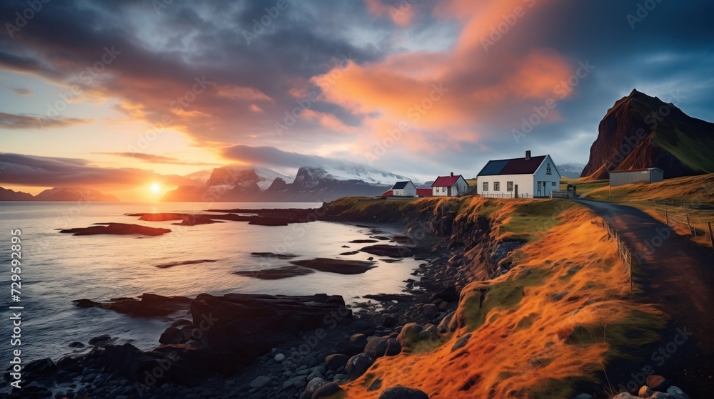 A breathtaking sunset casting golden light on a tranquil coastal Scandianvian village with traditional houses, a winding road, and dramatic mountains in the backdrop