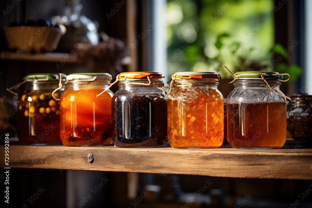 The warm glow of sunlight illuminates a rustic collection of various homemade preserves, showcasing their vibrant colors and textures in a cozy kitchen setting The warm glow of sunlight illuminates a rustic collection of various homemade preserves, showcasing their vibrant colors and textures in a cozy kitchen setting