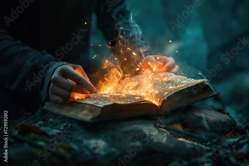 A person holding a book in their hands, reading the pages with focus and engagement. photo