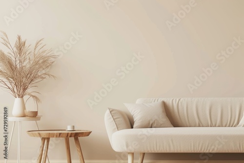 Interior of living room with beige sofa  coffee table and plant. 3d render