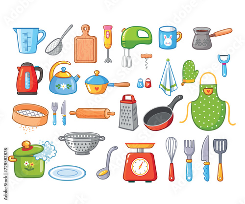 Kitchenware set. Kitchen utensils, tools, equipment and cutlery for cooking. Cartoon vector illustrations of cookware objects isolated