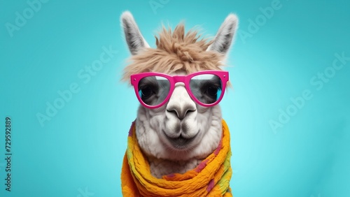 A quirky and stylish llama wearing vibrant pink sunglasses and a colorful scarf against a bright turquoise background © Oleg Kozlovskiy