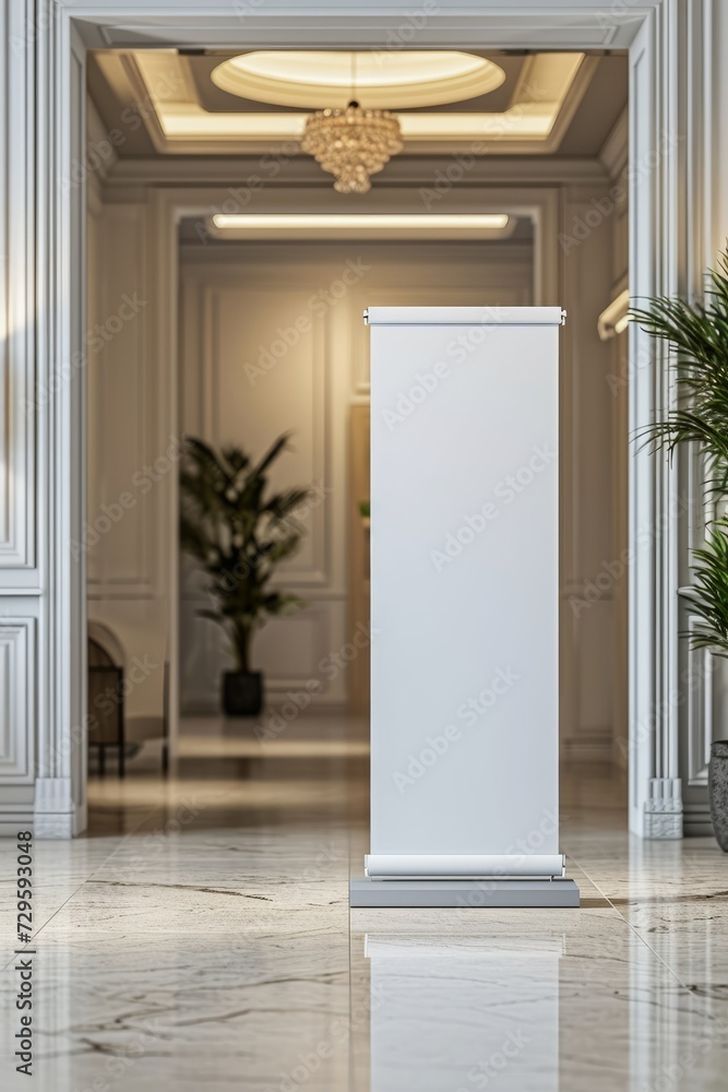 Fototapeta premium Blank roll up banner stand in the lobby of the hotel. 3d rendering