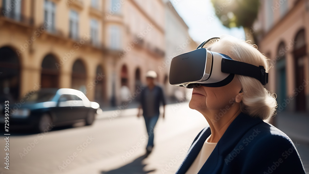 An elderly woman walks in front of a road with cars wearing virtual reality glasses An elderly woman walks in front of a road with cars wearing virtual reality glasses