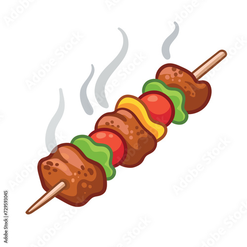 Vector illustration of shashlik with grilled meat and vegetables. Kebab, shashlik, grilled on a skewer