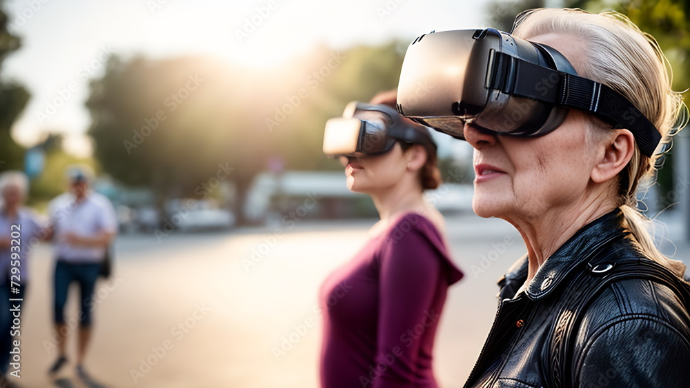 Wearing virtual reality glasses, an elderly woman in a leather jacket in autumn Wearing virtual reality glasses, an elderly woman in a leather jacket in autumn