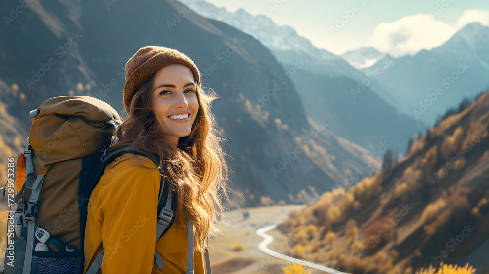 beautiful young woman tourist with a backpack in an orange jacket on a hike in the mountains. tourism and outdoor travel.