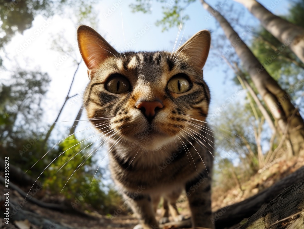 A gray tabby cat looks into the camera, wide-angle lens view from below. rescue of homeless, abandoned, lost cats.
