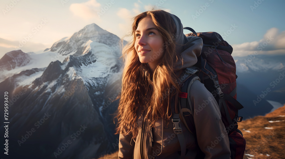 portrait of a beautiful young woman tourist with a backpack on a hiking trip in the mountains. tourism and outdoor travel. portrait of a beautiful young woman tourist with a backpack on a hiking trip in the mountains. tourism and outdoor travel.