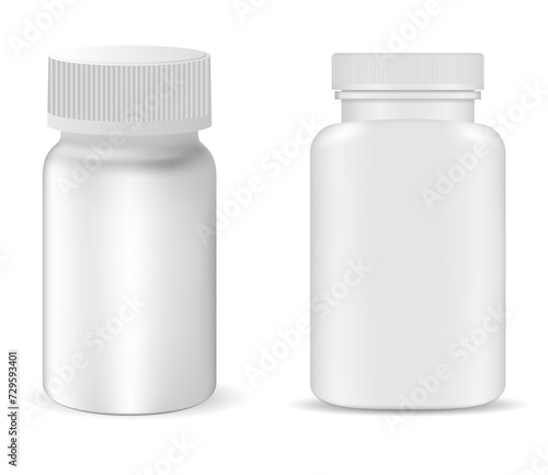 Plastic pill bottle mockup. Supplement capsule jar, isolated realistic vector template. Vitamin tablet container, pharmacy product sample. Pharmaceutical drug packaging design for label and logo