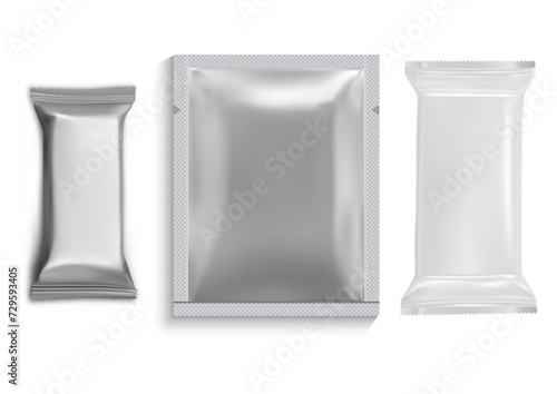 Chocolate bar wrapper. Foil pouch mock up, vector. Biscuit candy paper wrap blank. Silver aluminum sachet, crisp nutrition container for product brand. Wafer bar pack, plastic pouch