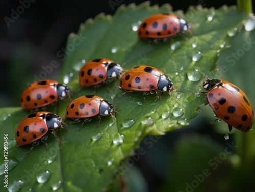 a few ladybugs on a green leaf. macro