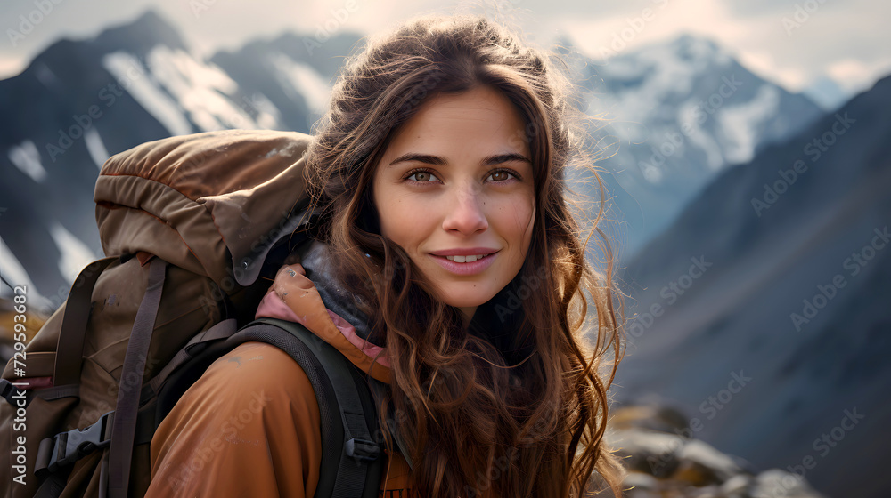 portrait of a beautiful young woman tourist with a backpack on a hiking trip in the mountains. tourism and outdoor travel.