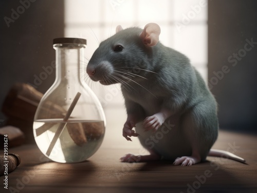 grey rat is sitting on a table in the laboratory. World Day for Laboratory Animals. Animal rights. photo