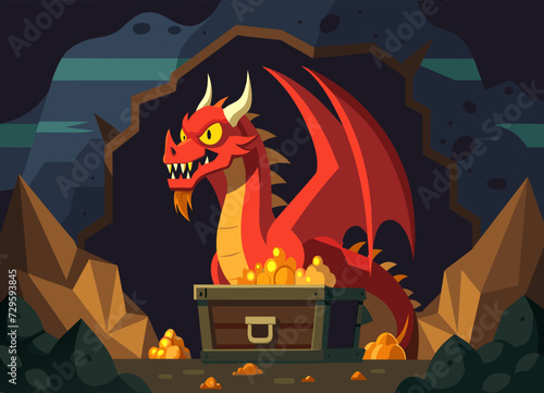 A menacing, fire-breathing dragon perched atop a treasure trove in a dark, cave. vektor illustation