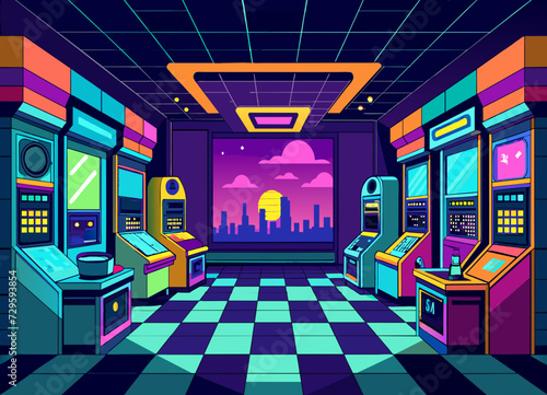 A retro-style arcade filled with classic gaming cabinets and neon lights. vektor illustation