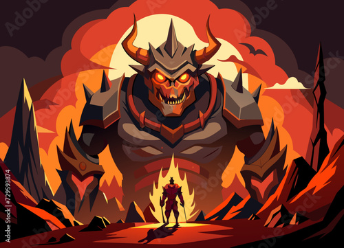 An epic boss battle with a colossal, multi-headed monster in a fiery cavern. vektor illustation