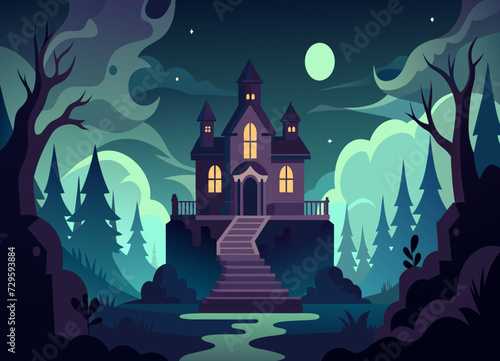 A haunted mansion with eerie, ghostly apparitions and flickering candlelight. vektor illustation
