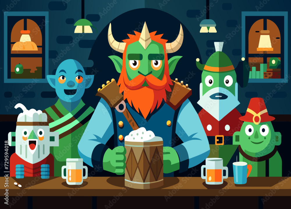 Naklejka premium A fantasy tavern filled with colorful characters and mugs of ale. vektor illustation