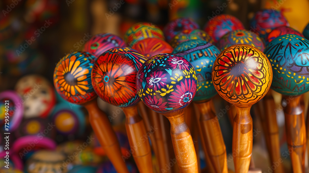 Colorful and bright maracas against the backdrop of a tropical beach. Carnival.