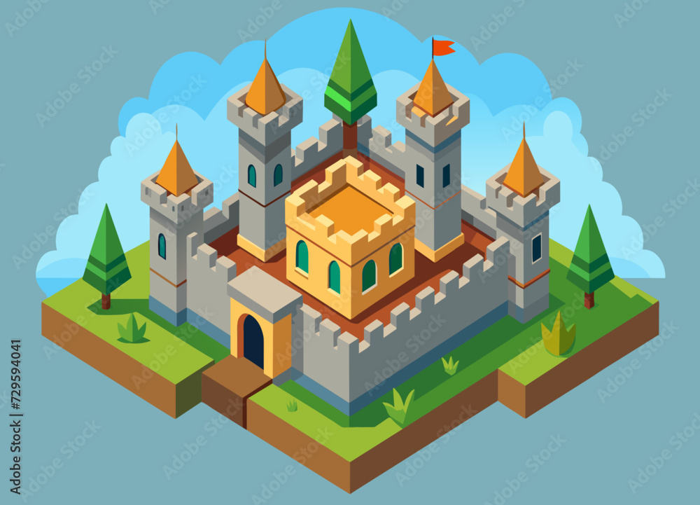 A detailed, top-down view of a medieval castle with towers and walls. vektor illustation A detailed, top-down view of a medieval castle with towers and walls. vektor illustation