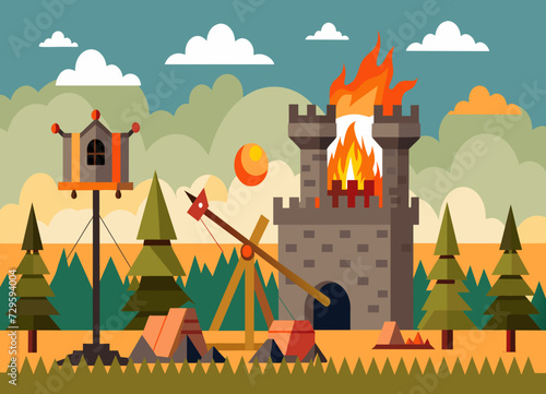 A medieval siege battle with catapults and flaming projectiles. vektor illustation