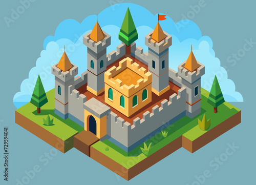 A detailed, top-down view of a medieval castle with towers and walls. vektor illustation