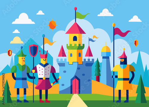 A medieval jousting tournament with knights in colorful armor. vektor illustation