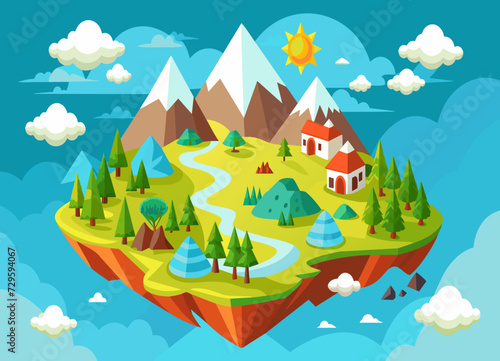 A sprawling, open-world game map with diverse landscapes, from snowy mountains to lush jungles. vektor illustation