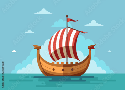 A Viking longship sailing through calm seas with a clear sky. vektor illustation