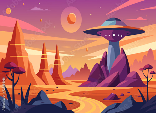 A serene, alien landscape with strange rock formations and alien flora. vektor illustation