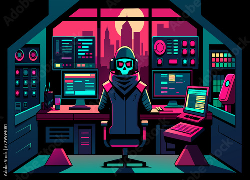 A cyberpunk hacker's den with computer screens and virtual reality equipment. vektor illustation