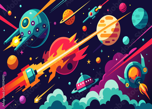 A chaotic, intergalactic space battle with lasers and explosions. vektor illustation