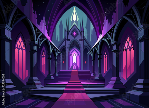 A dark  gothic cathedral interior with intricate stained glass windows. vektor illustation